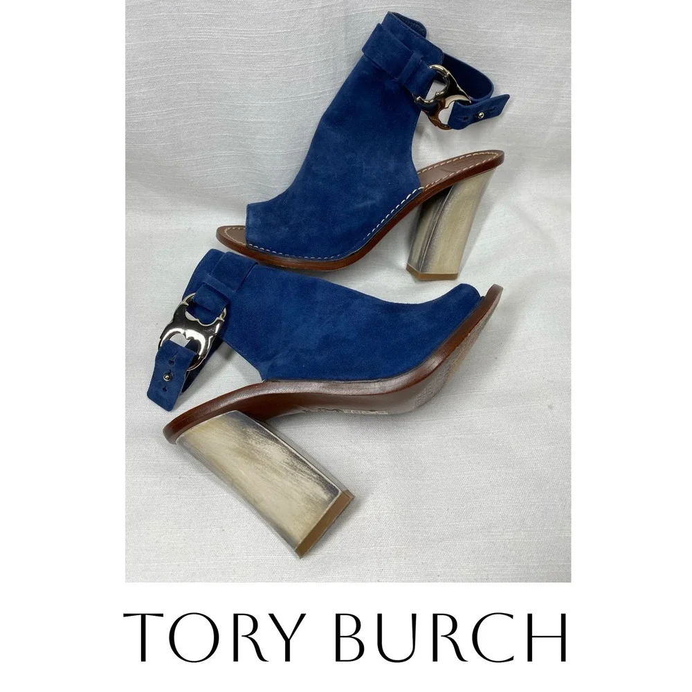 Tory Burch Blue Suede Peep Toe Slingback Heels Metallic Sculpted‎ Heel Size 7